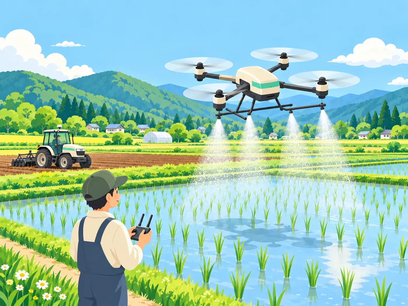 田んぼの上で農薬を散布するドローンと、あぜで送信機を操作する人