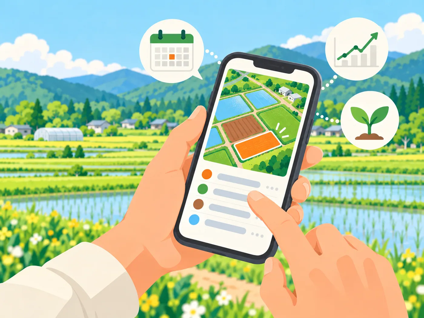 手に持ったスマホに、色分けされた畑の地図と作業の一覧