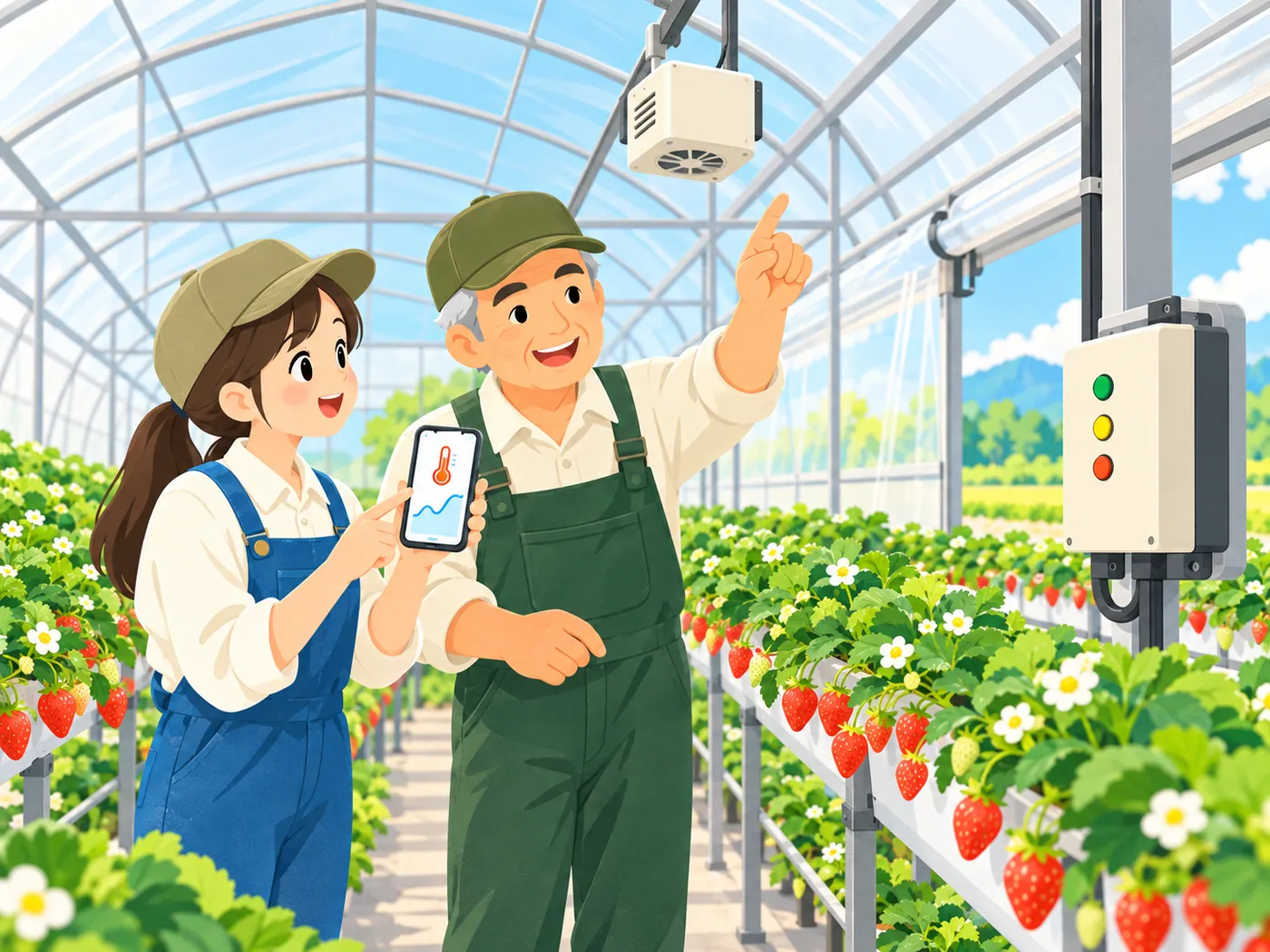 いちごのハウスで、天井につるしたセンサーを指さす先輩と、スマホで温度のグラフを見る新人。柱には環境制御の機器