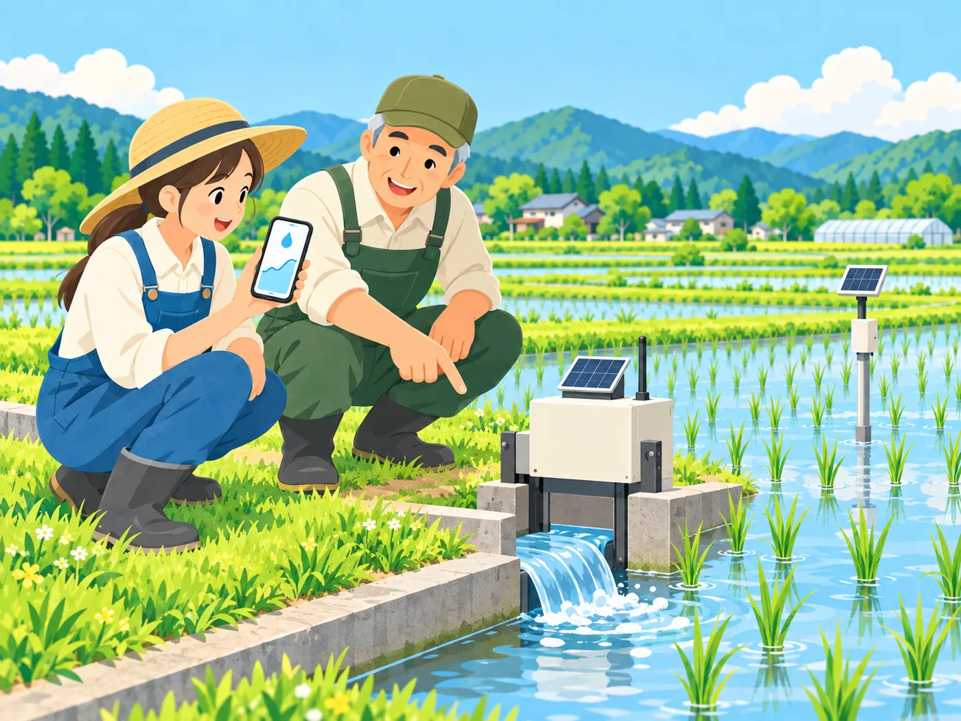 田んぼの給水口に付けた自動給水ゲートから水が流れ込み、スマホで水位を見る新人に先輩が教えている