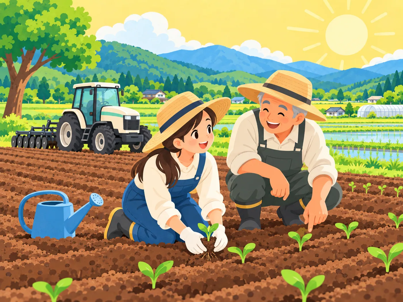 畑で先輩に教わりながら苗を植える新人